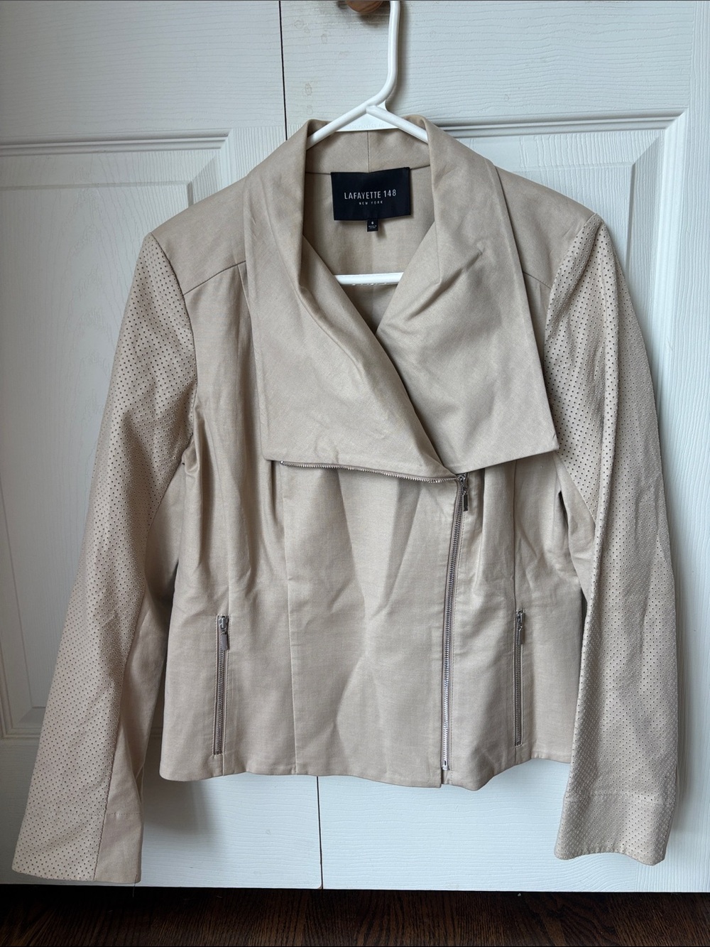 Lafayette 148 New York Light Beige moto cropped Perforated cotton Jacket Women 6
